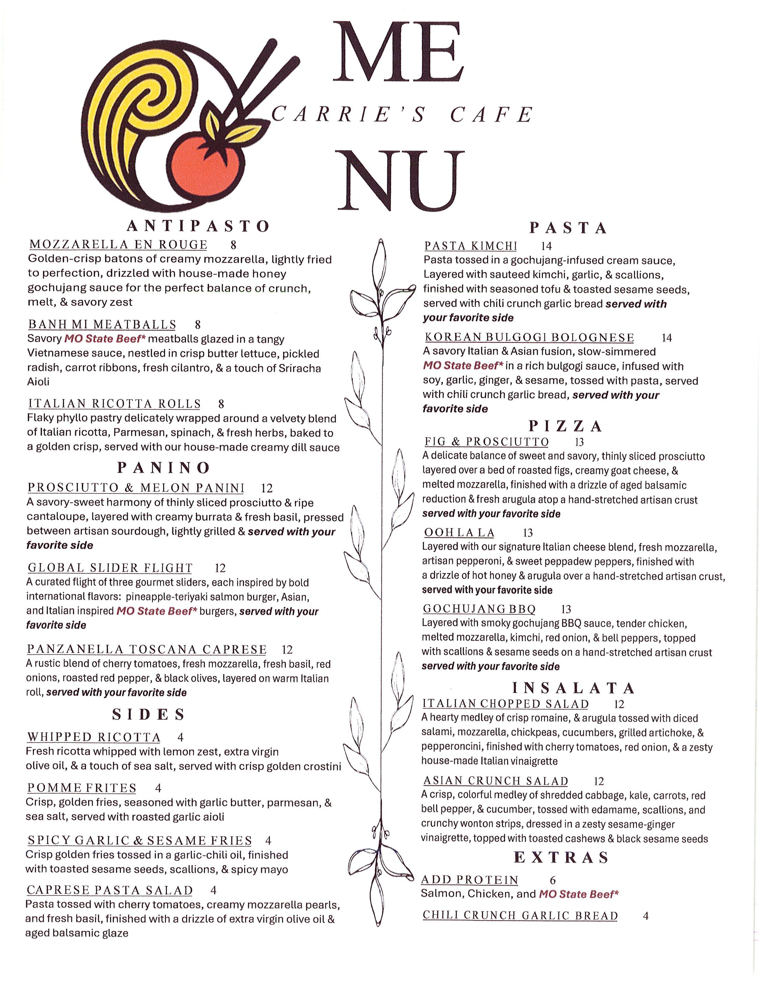 Carrie's Cafe Menu Page 1