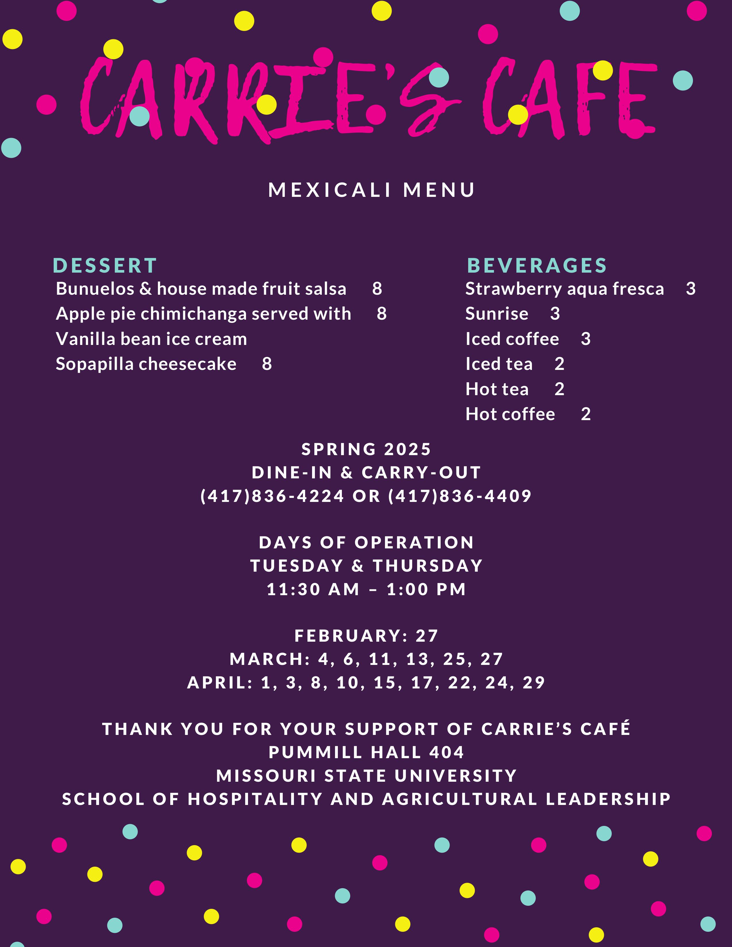 Carrie's Cafe Spring Menu