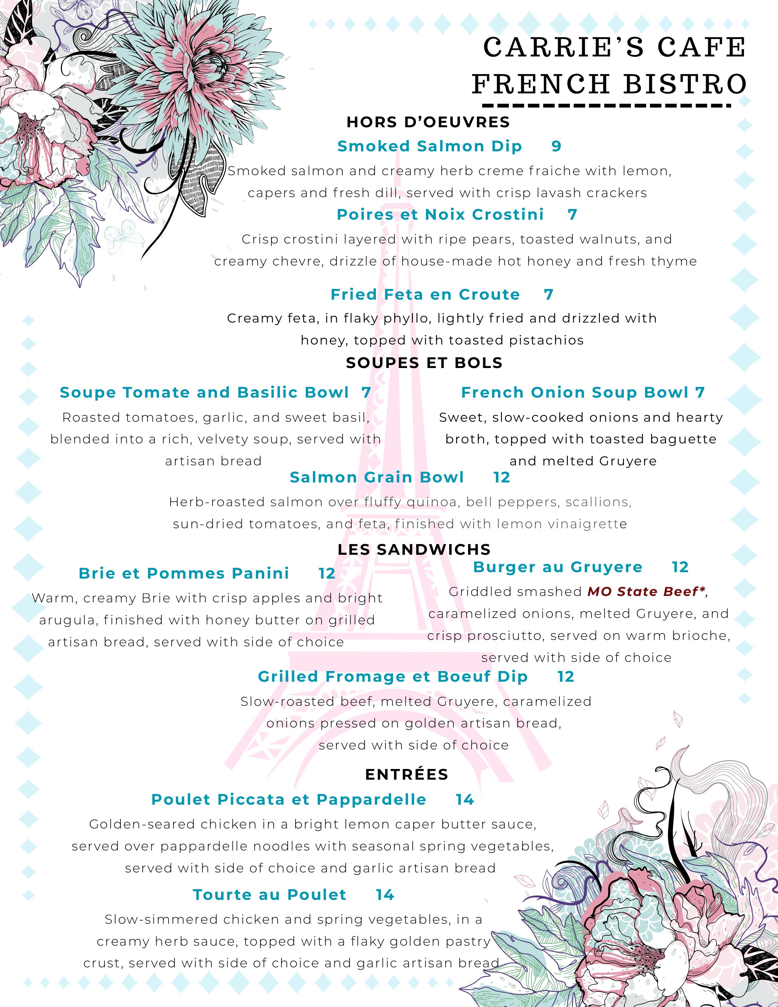 Carrie's Cafe Menu Page 1