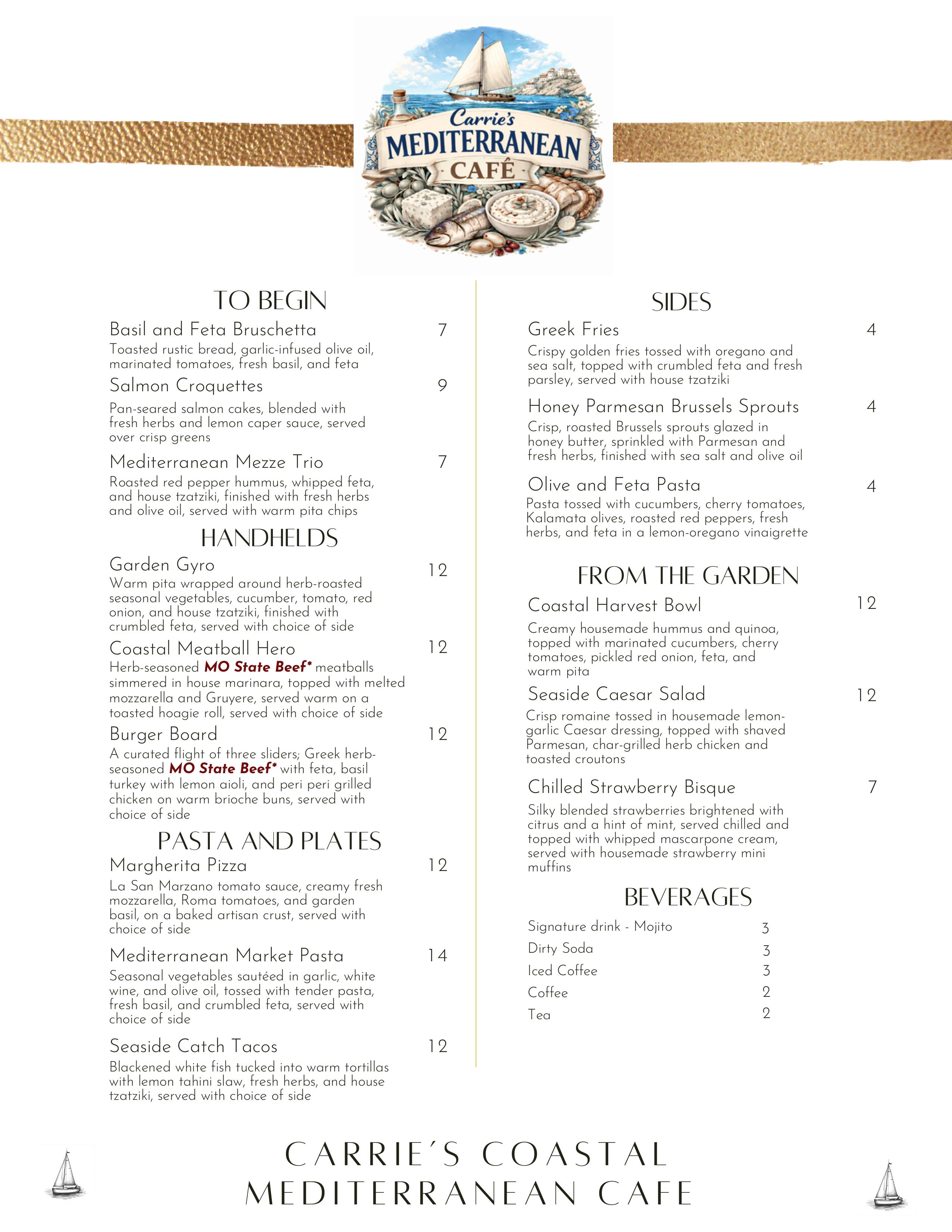 Carrie's Cafe Mediterranean Menu Page 1